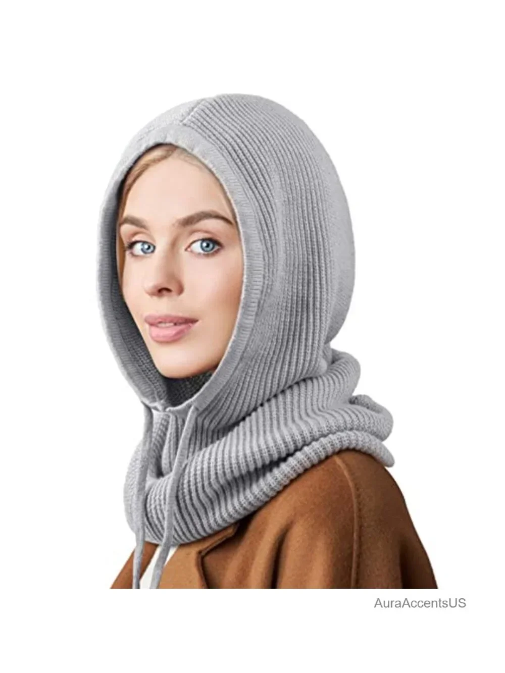 Wool Acrylic Knit Balaclava Hooded Scarf Hat with Drawstring - Unisex Winter